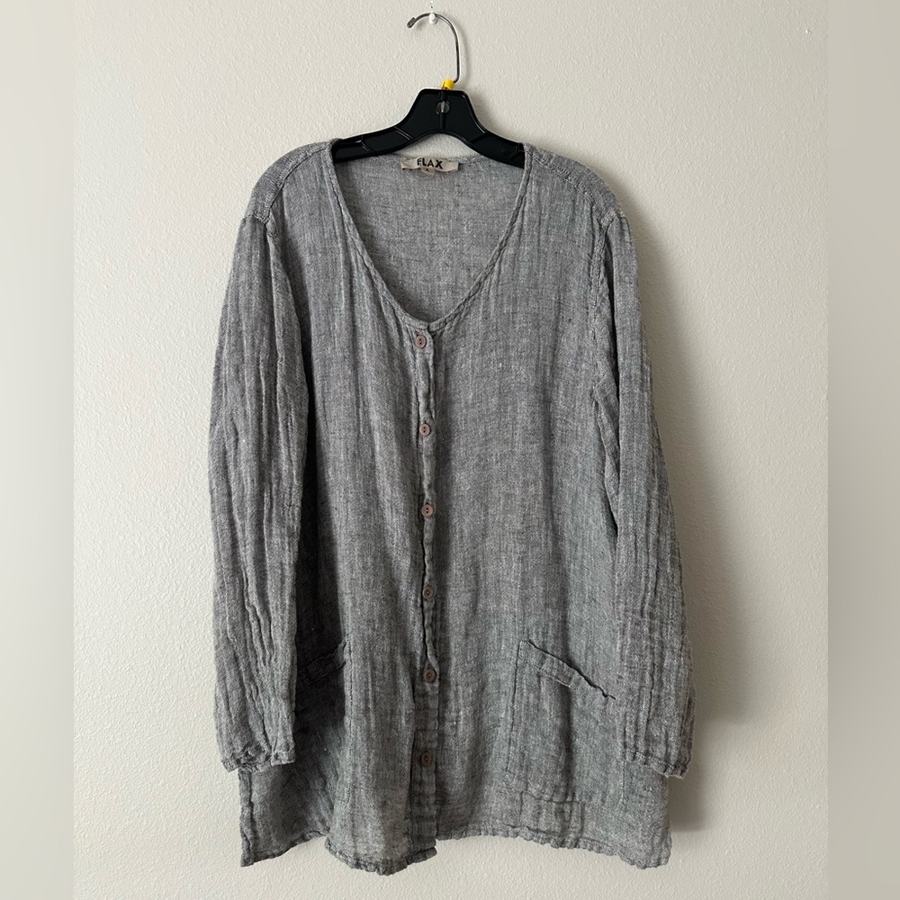 FLAX Woman’s Size L Shirt 100% Linen Long Blouse Jacket Blazer Gray Pockets EUC